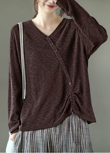 Fine Brown V Neck Button Knit Winter Sweaters