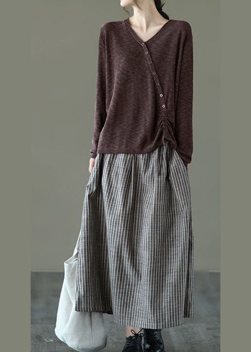 Fine Brown V Neck Button Knit Winter Sweaters