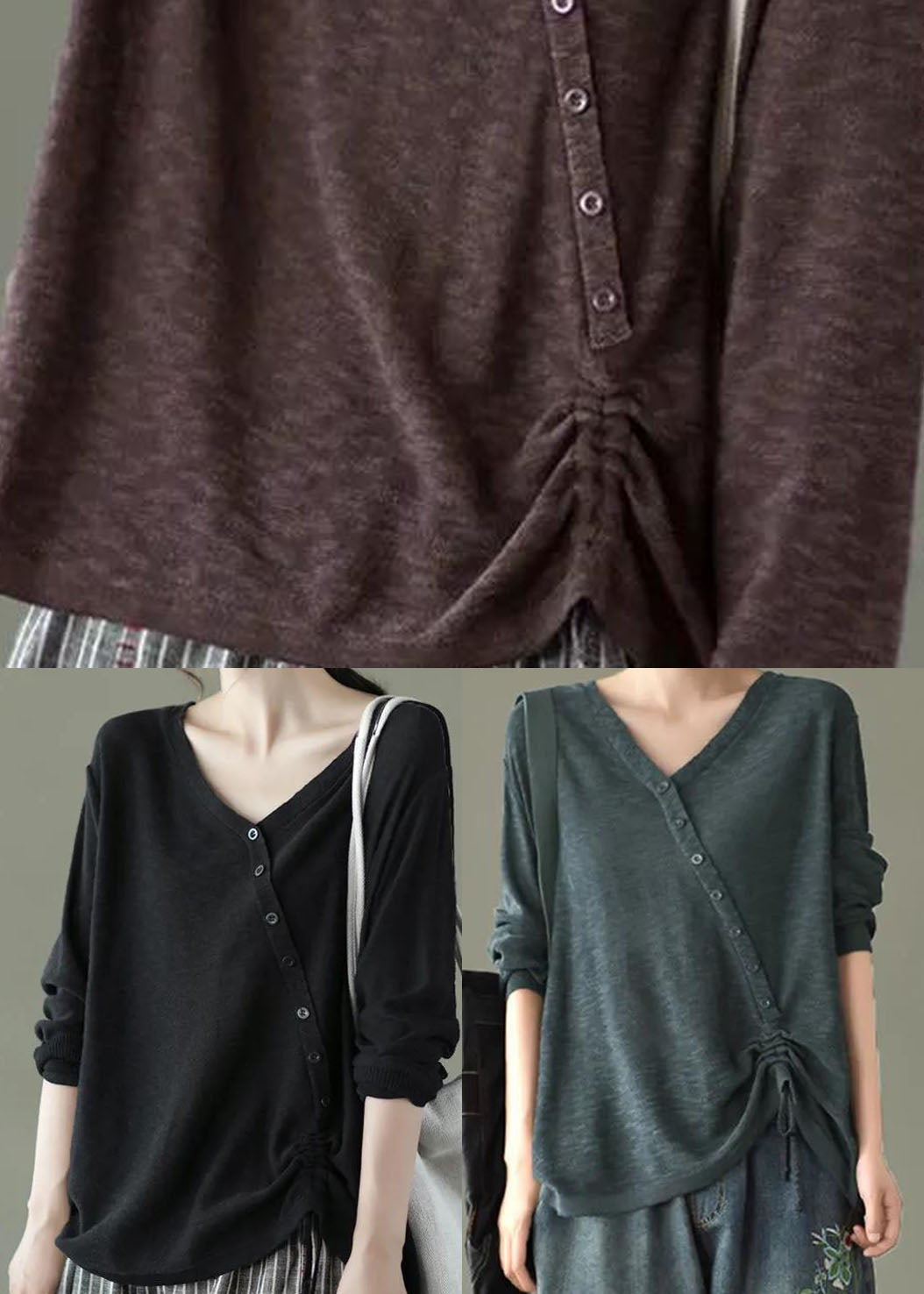 Fine Brown V Neck Button Knit Winter Sweaters