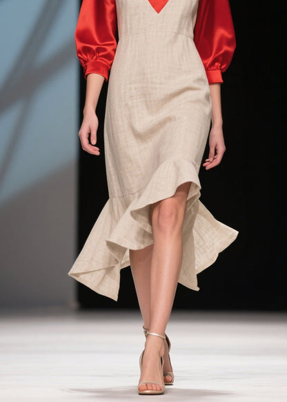 Fine Colorblock Ruffled Patchwork Linen Silk Dress Summer