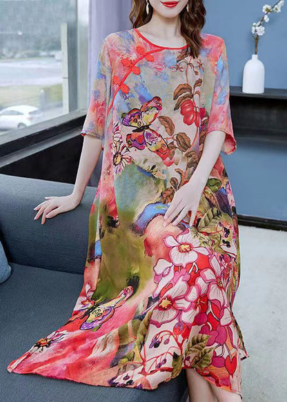 Fine O Neck Chinese Button Patchwork Chiffon Mid Dress Summer