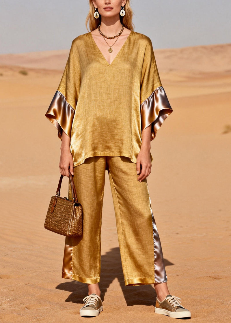 Fine Golden Oversized Patchwork Linen Silk Two Pieces Set Spring