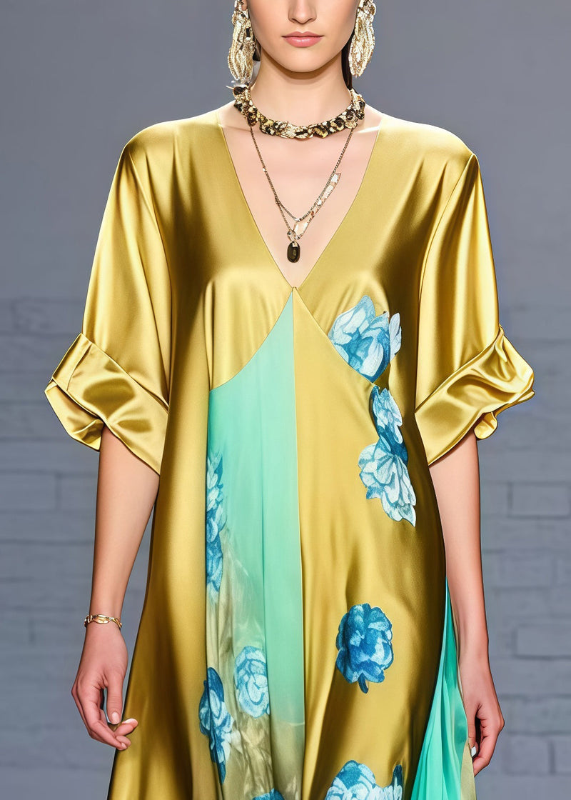 Fine Golden V Neck Patchwork Print Silk Dress Summer