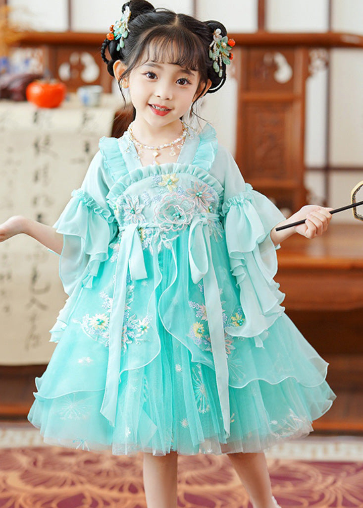 Fine Green Embroideried Patchwork Tie Waist Tulle Baby Mid Dress Flare Sleeve