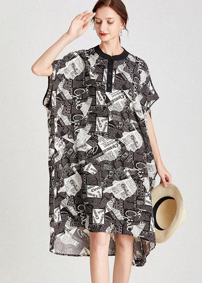 Fine Newspaper Print Low High Design Button Pockets Summer Maxi Dresses