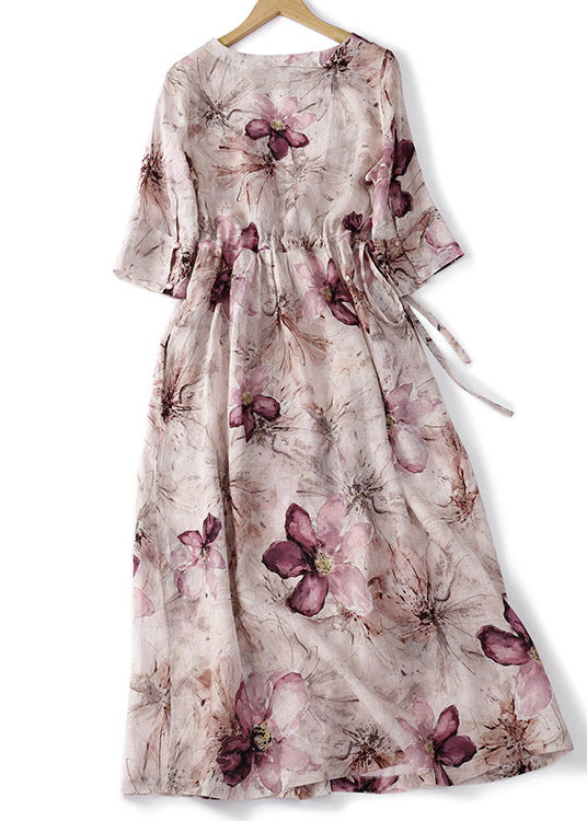 Fine O-neck Print Wrinkled Linen Long Dress Summer