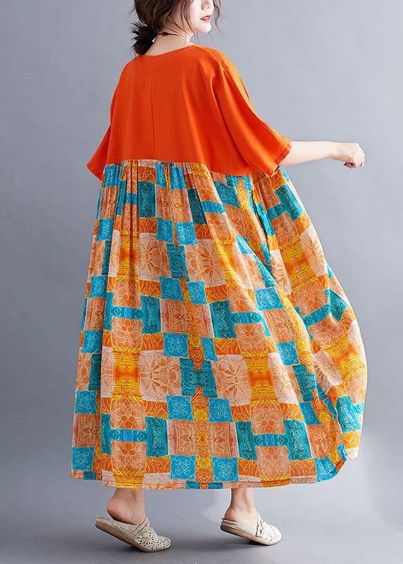 Fine Orange Loose Patchwork Print Summer Holiday Dress Half Sleeve
