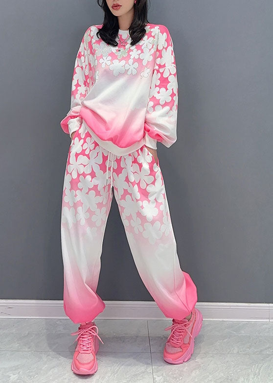 Fine Pink O-neck Print Patchwork Cotton Two Piece Suit Set Long Sleeve