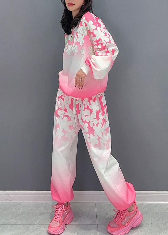 Fine Pink O-neck Print Patchwork Cotton Two Piece Suit Set Long Sleeve
