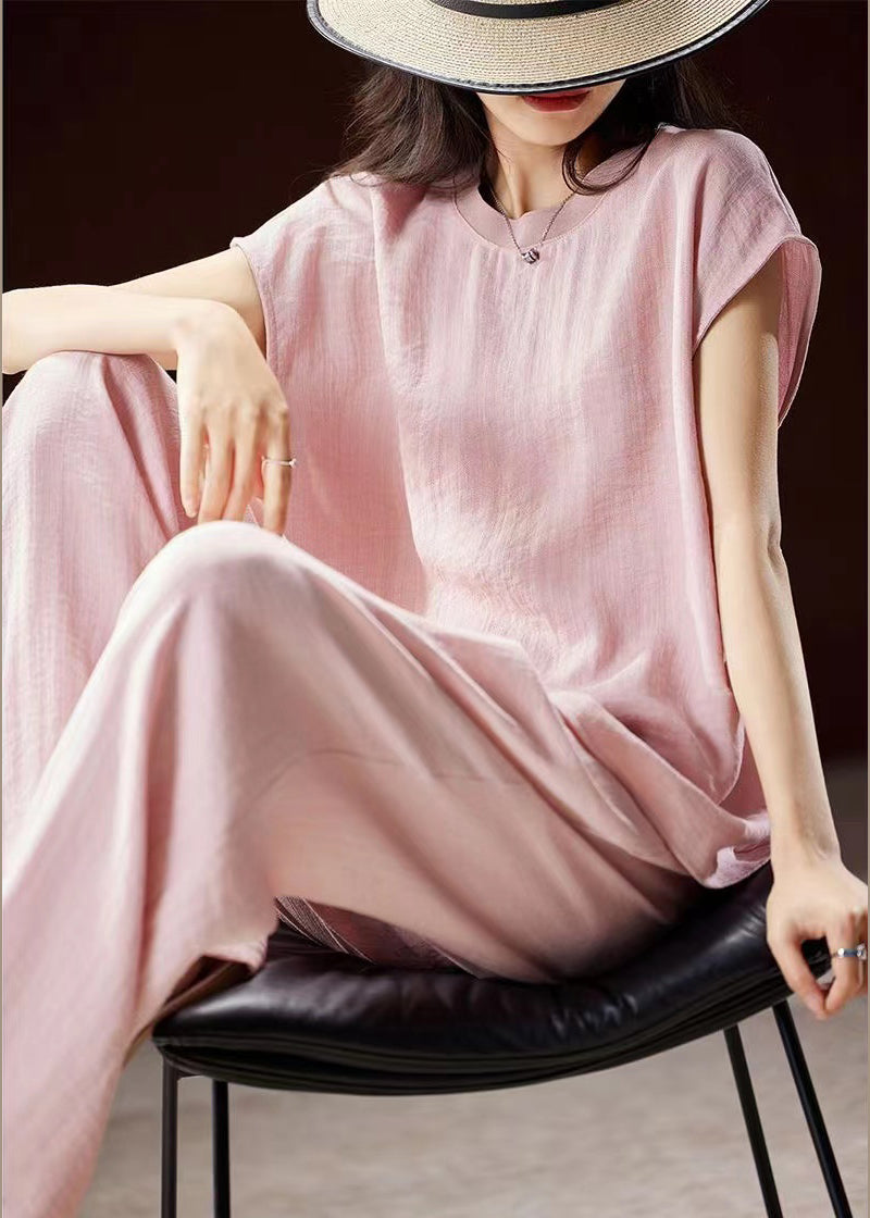 Fine Pink O-neck Top and Wide Leg Pants Silk Linen Two Pieces Set Summer