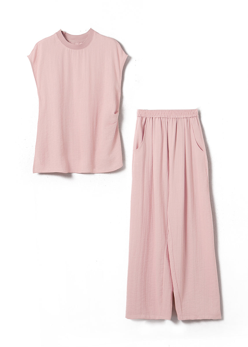 Fine Pink O-neck Top and Wide Leg Pants Silk Linen Two Pieces Set Summer