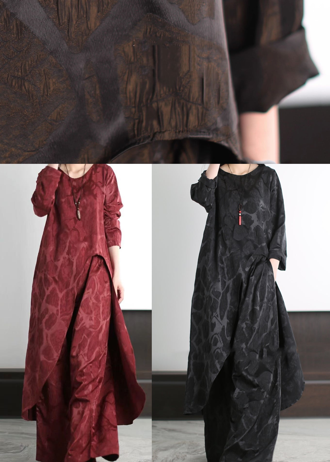Fine Red Asymmetrical Jacquard Silk Two Pieces Set Spring