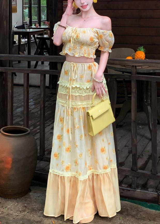 Fine Slash Neck Print Top and Long Skirts Two Pieces Set Summer
