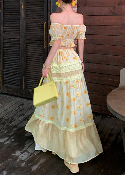 Fine Slash Neck Print Top and Long Skirts Two Pieces Set Summer