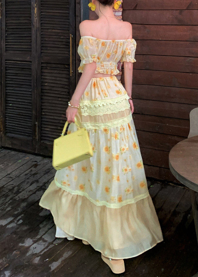 Fine Slash Neck Print Top and Long Skirts Two Pieces Set Summer