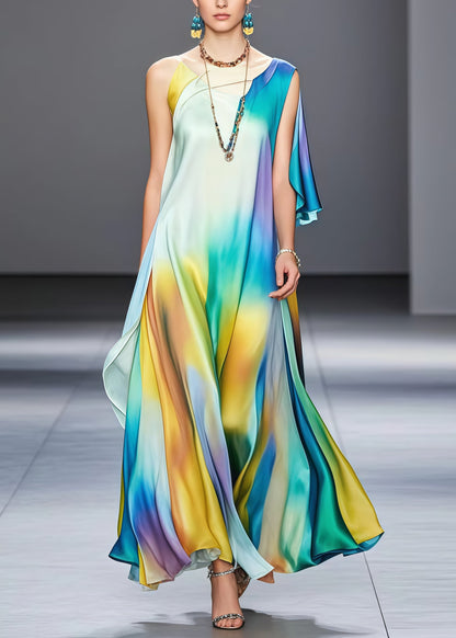 Fine Tie Dye Asymmetrical Draping Silk Holiday Dress Summer