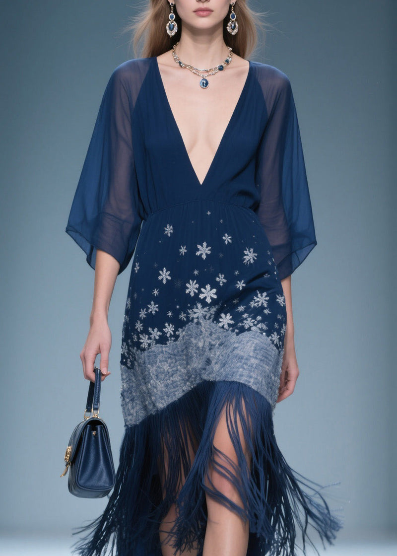 Fine V Neck Print Tassel Chiffon Maxi Dresses Summer