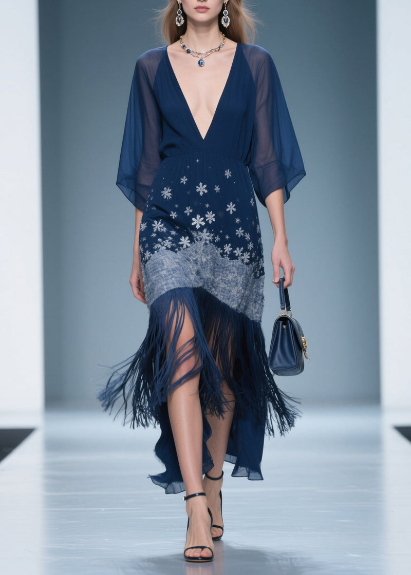 Fine V Neck Print Tassel Chiffon Maxi Dresses Summer