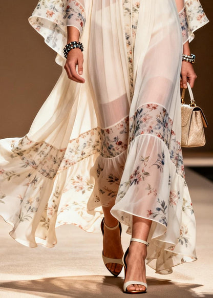Fine White Oversized Patchwork Print Chiffon Party Dress Summer