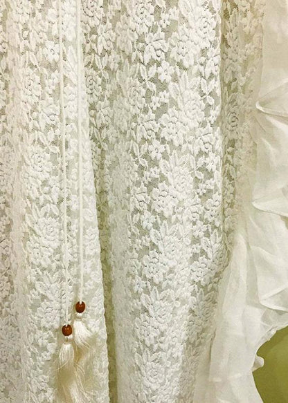 Fine White Patchwork Chiffon Kimono Robe Lace Dress