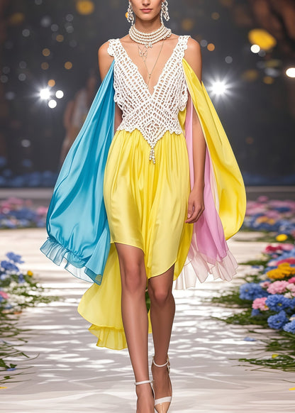 Fine Yellow Asymmetrical Patchwork Cold Shoulder Party Dress Summer