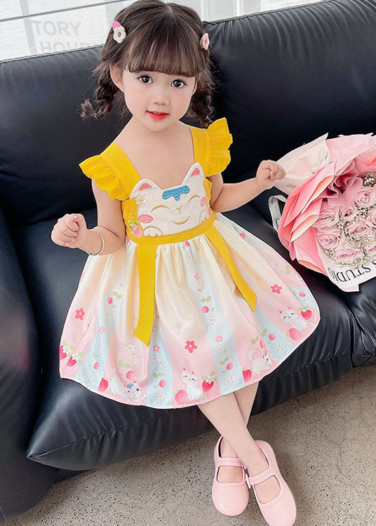 Fine Yellow Ruffled Embroideried Patchwork Cotton Baby Dresses Summer