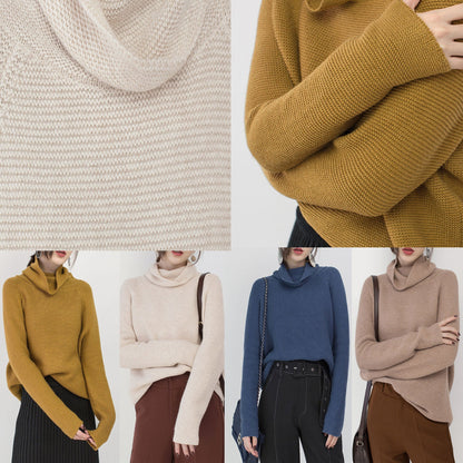 Fine Beige Sweater Clothing High Neck Knitted Blouses Baggy Winter Shirt