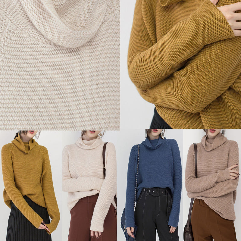Fine Beige Sweater Clothing High Neck Knitted Blouses Baggy Winter Shirt