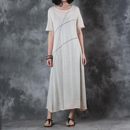 Fine Long Linen Dresses Round Neck Knitting Short Sleeve Flax Dress