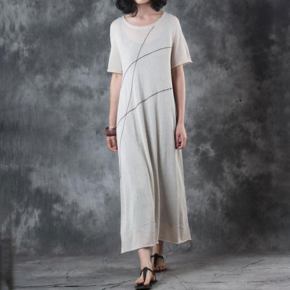 Fine Long Linen Dresses Round Neck Knitting Short Sleeve Flax Dress