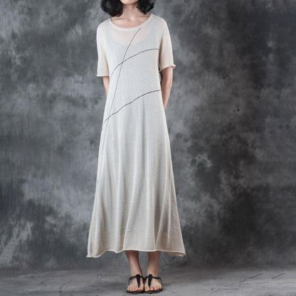 Fine Long Linen Dresses Round Neck Knitting Short Sleeve Flax Dress