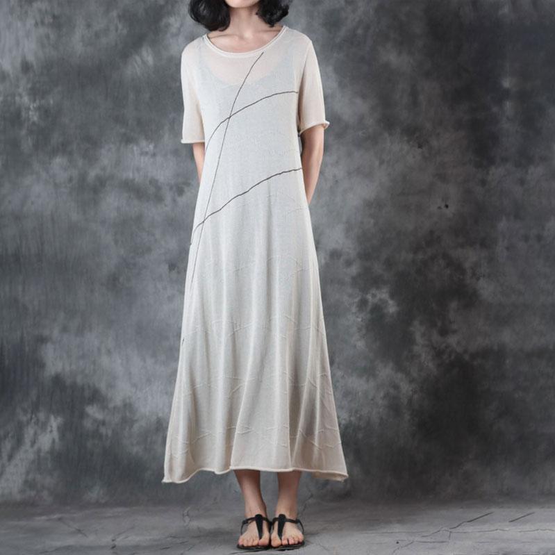 Fine Long Linen Dresses Round Neck Knitting Short Sleeve Flax Dress