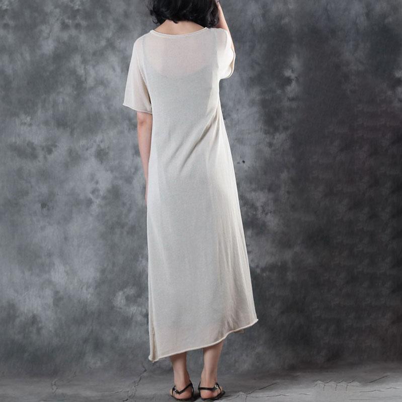 Fine Long Linen Dresses Round Neck Knitting Short Sleeve Flax Dress