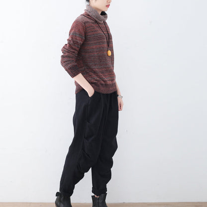 Fine Red Striped Cozy Sweater Fall Knit Sweat Tops High Neck Winter Shirt