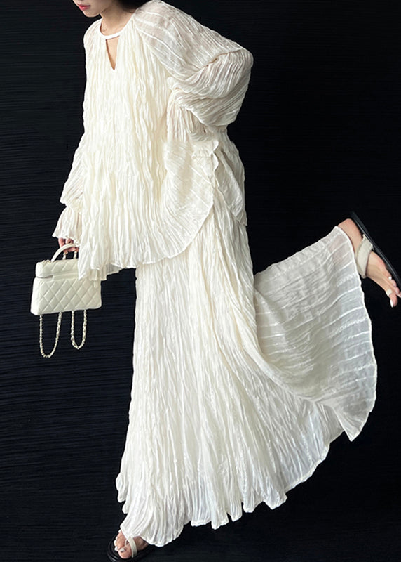 Fitted Beige O-neck Wrinkled Top and a Line Skirts Two Pieces Set Lantern Sleeve