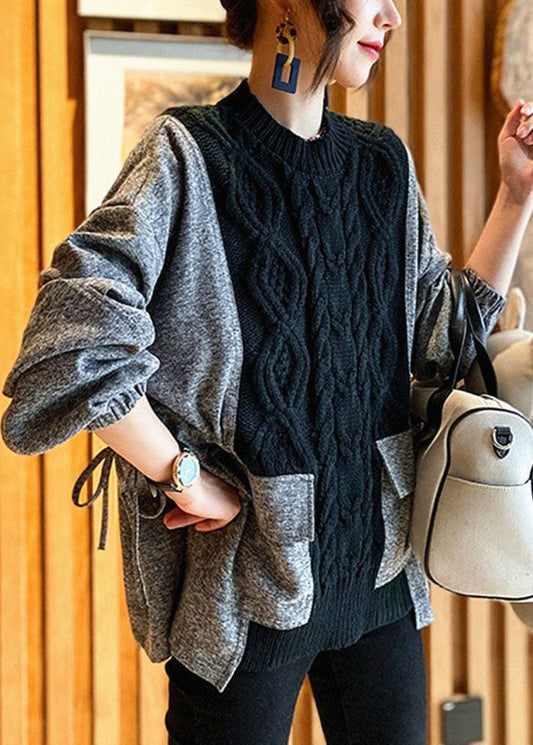 Fitted Black O-neck Knit Patchwork Loose Fall Sweater