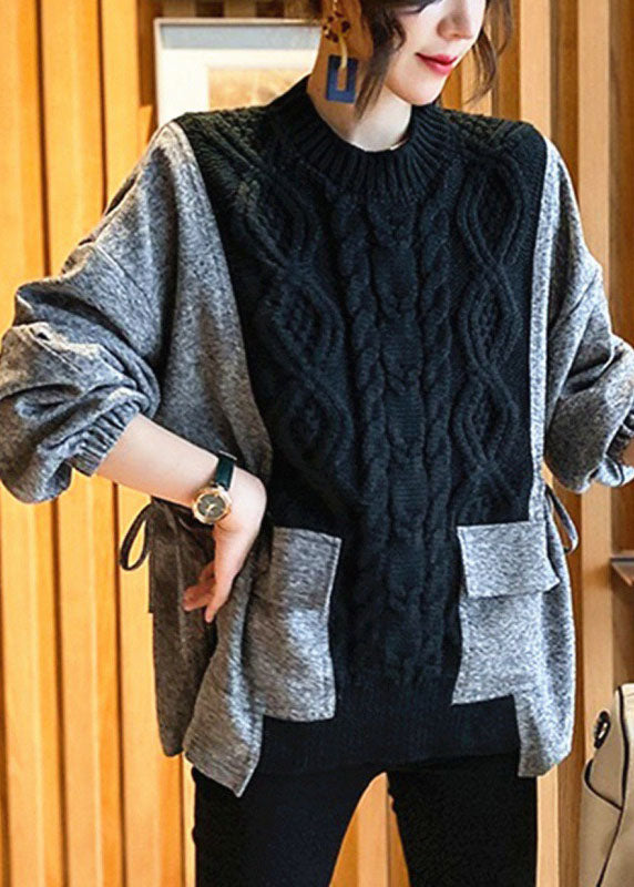 Fitted Black O-neck Knit Patchwork Loose Fall Sweater