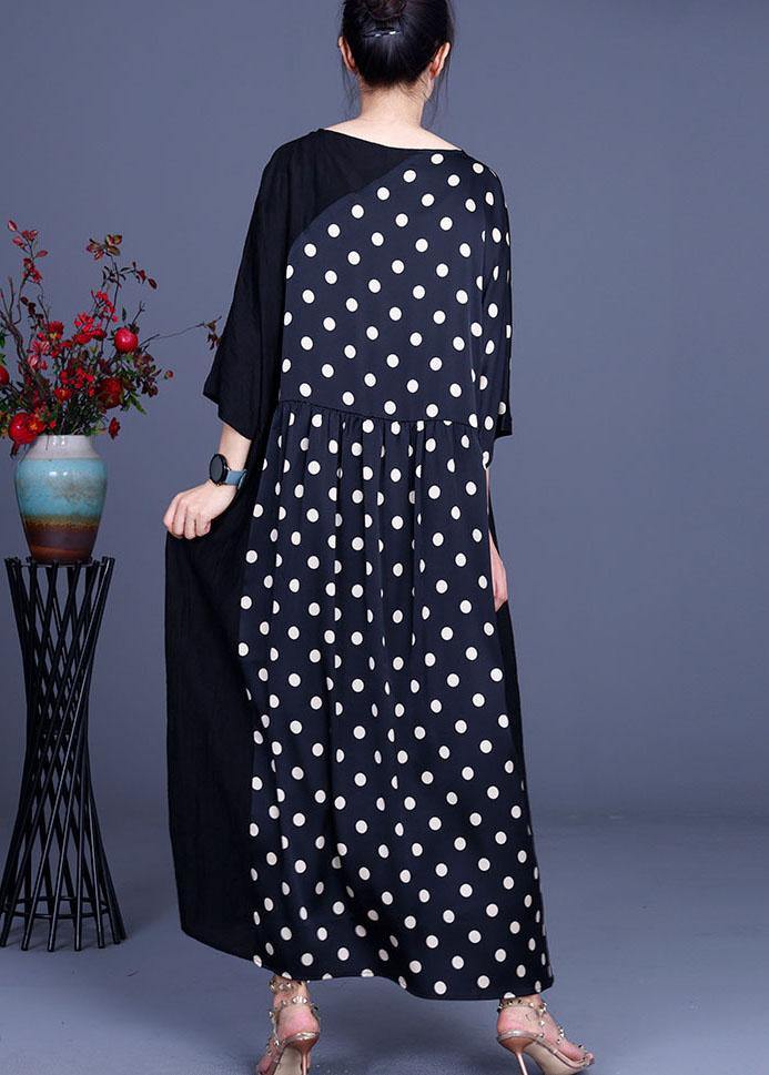 Fitted Black Patchwork Dot V Neck Silk Ankle Dress Summer
