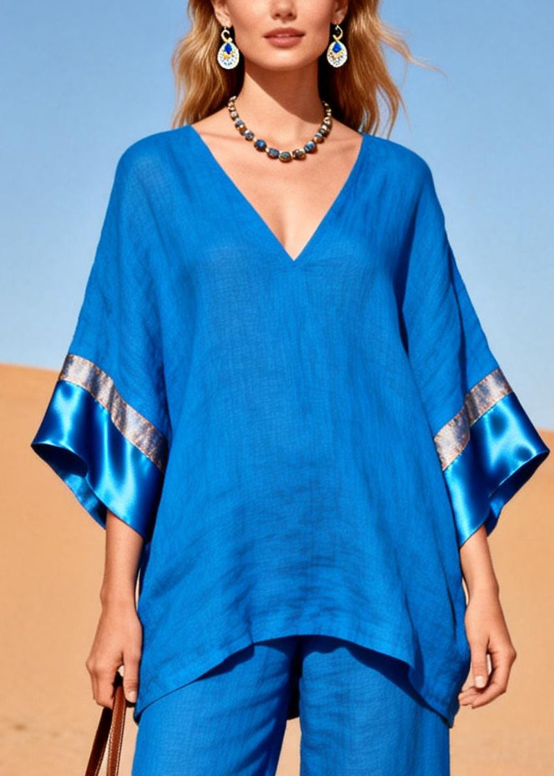 Fitted Blue Oversized Patchwork Silk Cotton Two Piece Set Clothing