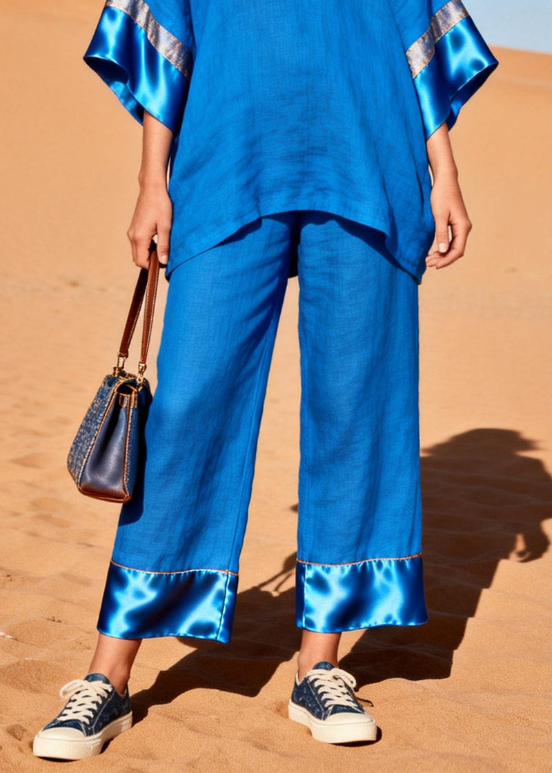 Fitted Blue Oversized Patchwork Silk Cotton Two Piece Set Clothing