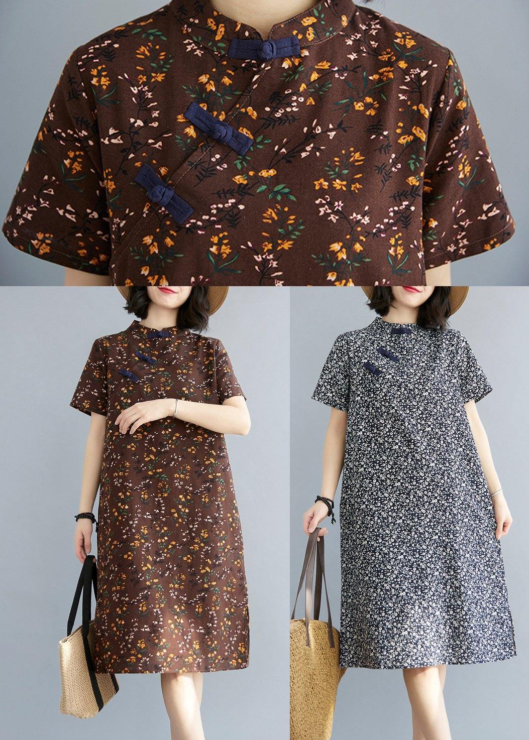 Fitted Blue Print Cotton Side Open Summer Long Dresses