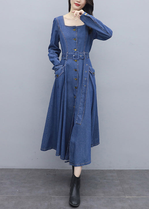 Fitted Blue Square Collar Button Sashes Pocket Cotton Denim Dress Long Sleeve
