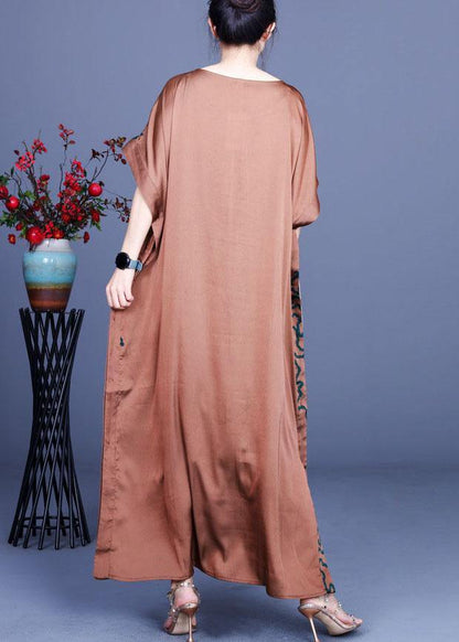 Fitted Chocolate Print Side Open Silk Summer Maxi Dresses