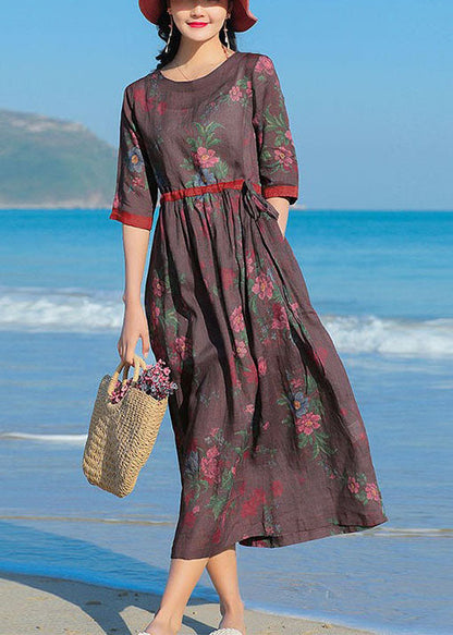Fitted Chocolate O-neck Tie Waist Patchwork Print Linen Dress Half Sleeve