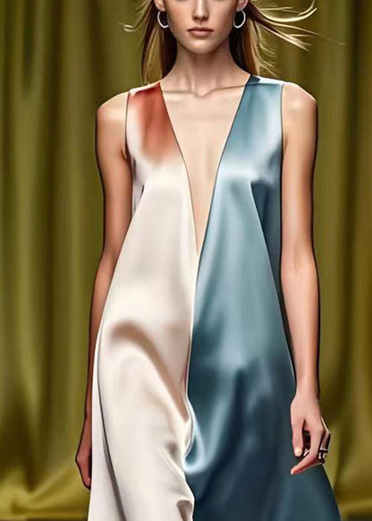 Fitted Colorblock Deep-v Neck Patchwork Silk Mid Dress Summer