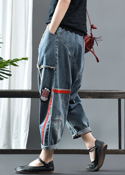 Fitted Denim Blue Patchwork Print Fall Pants