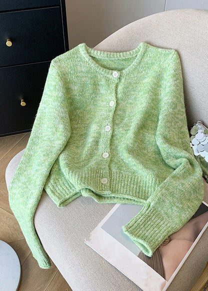Fitted Green O-neck Button Cozy Cotton Knit Cardigan Spring
