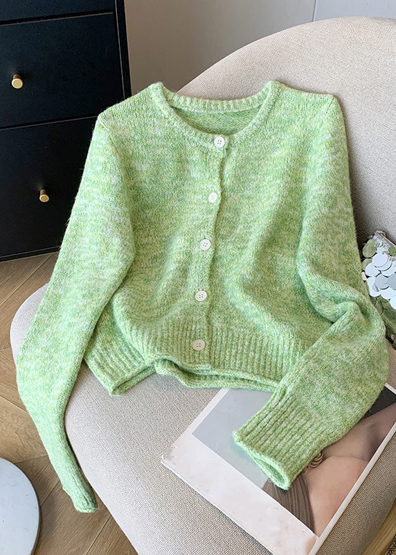 Fitted Green O-neck Button Cozy Cotton Knit Cardigan Spring