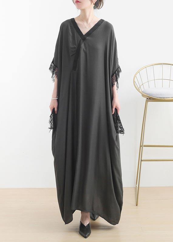Fitted Grey Green V Neck Batwing Sleeve Vacation Dresses Summer Chiffon Dress