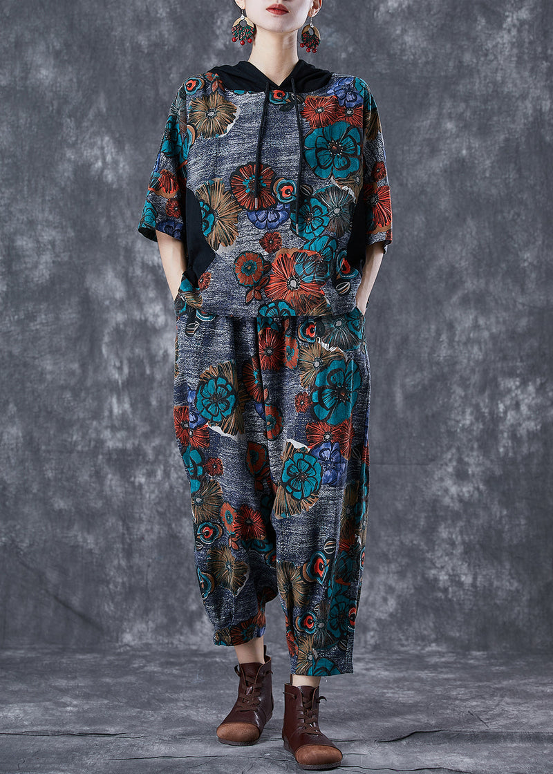 Fitted Grey Hooded Print Cotton Two Piece Set Summer